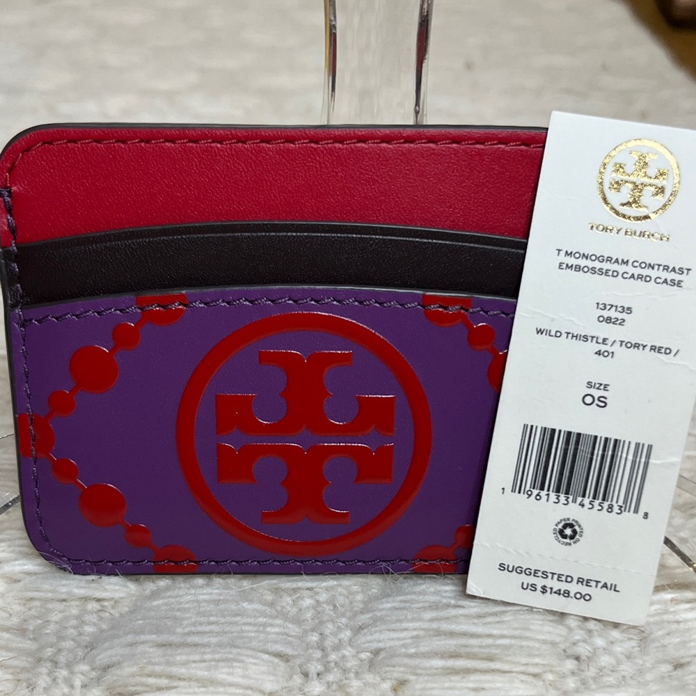 NWT Tory Burch T Monogram Wild Thistle and Red Embossed Card Case